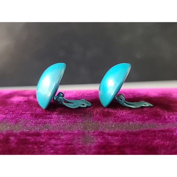Enamel Aqua Dome Clip-on Earrings Vintage - Picture 4 of 10